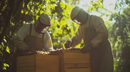 Two beekeepers in overalls are working and smiling at a bee farm in Costa Rica with a contemporary cinematic lighting setup that creates a visually striking and engaging scene