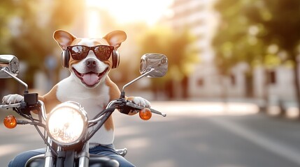 A charming bulldog dons headphones and sunglasses while confidently cruising on a motorcycle down an urban street, exuding playful energy