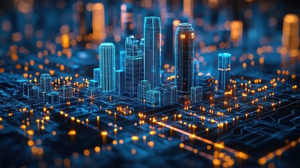 Futuristic night skyline of a modern digital city with illuminated skyscrapers abstract 3D data visualization and a sense of technological progress and innovation  The image presents an aerial