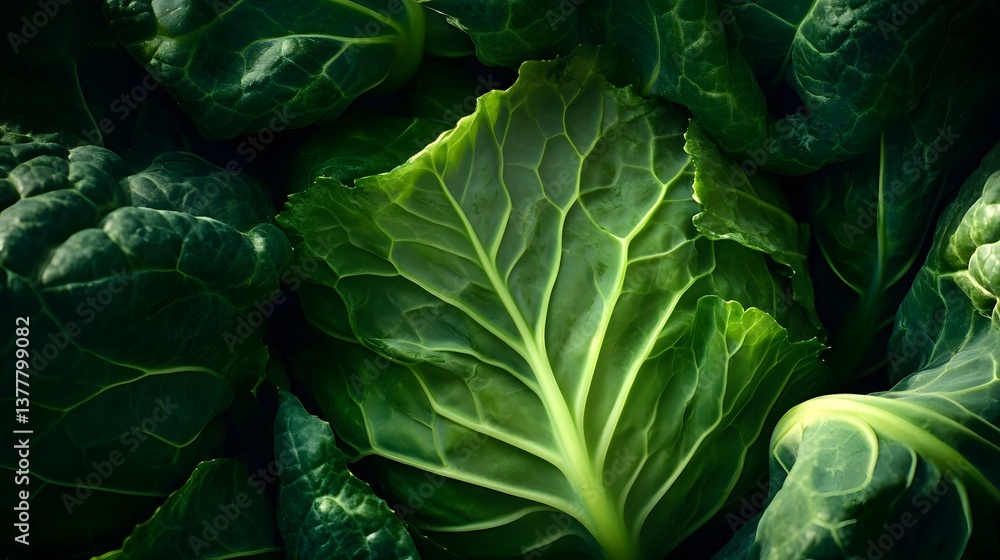 Poster detailed close up shot of a cabbage leaf highlighting its intricate texture and patterns under a dra