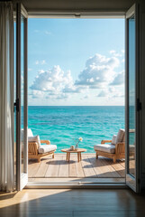 Fototapeta premium A stunning ocean view framed by open double doors, leading to a sunny balcony with two wooden chairs and a small round table