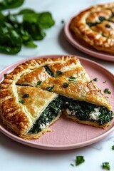 Savory Swiss chard and ricotta galette served on soft pink enamel plate