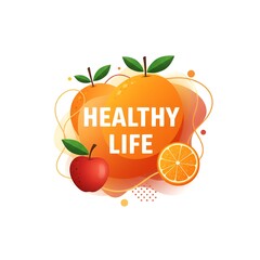 Healthy life fruits illustration with orange and apple