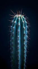 A close up view of a cactus plant with numerous sharp pointy spines covering its body set against a dark moody environment with dramatic contemporary cinematic lighting