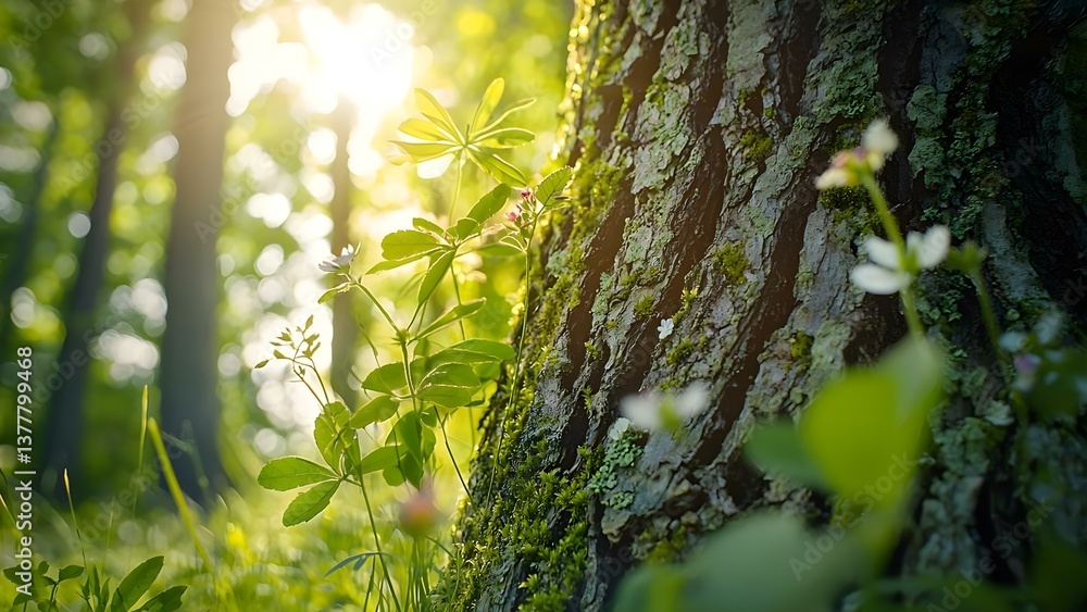 Aufkleber a close-up of a tree trunk with lush greenery and light filtering through trees, creating a serene f