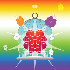 Surreal illustration of a brain in a birdcage, surrounded by colorful butterflies symbolizing creativity and freedom. A powerful concept encouraging you to free your brain and break mental barriers.