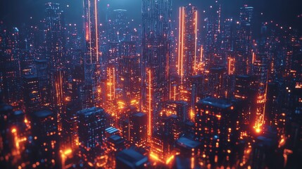 Fototapeta premium Breathtaking aerial view of a modern vibrant city skyline at night featuring a dense cluster of towering skyscrapers brightly lit streets and a captivating display of reflected lights and colors