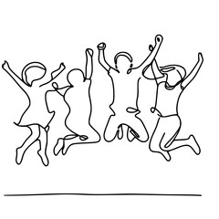 Joyful children jumping together in line drawing style on transparent background, children's day protection day  