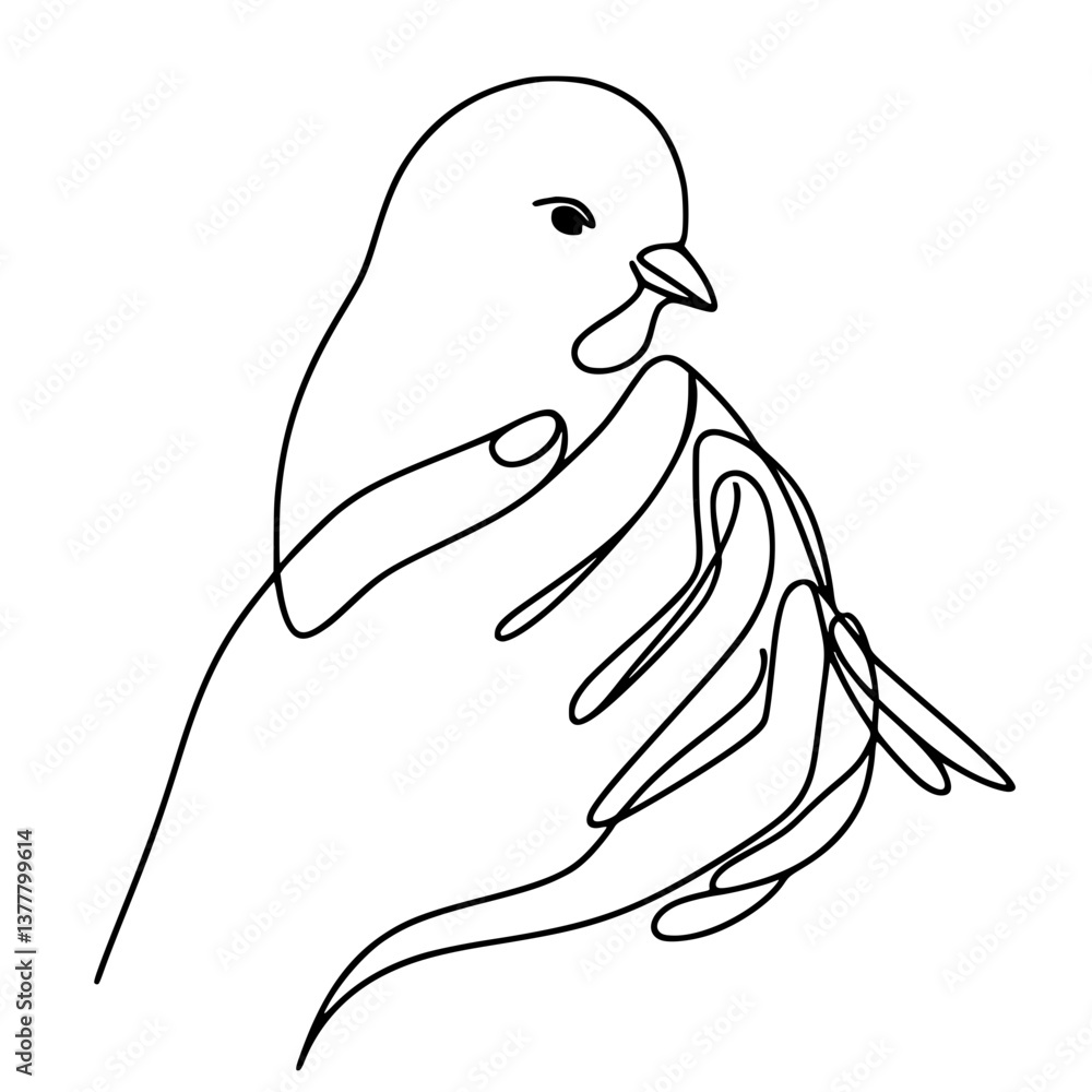 Poster hand holding a bird in a minimalist line drawing style on a transparent background
