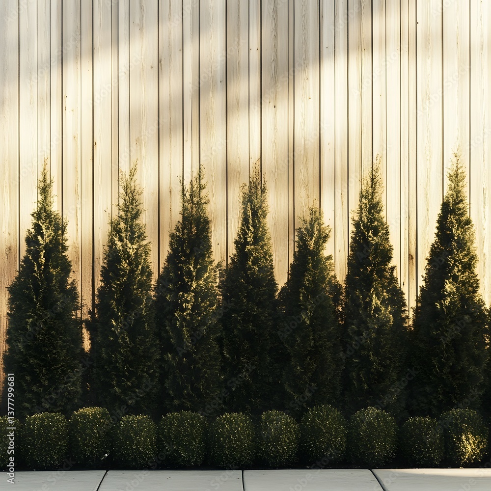 Poster rows of tall evenly spaced coniferous trees standing in front of a simple light colored wooden fence