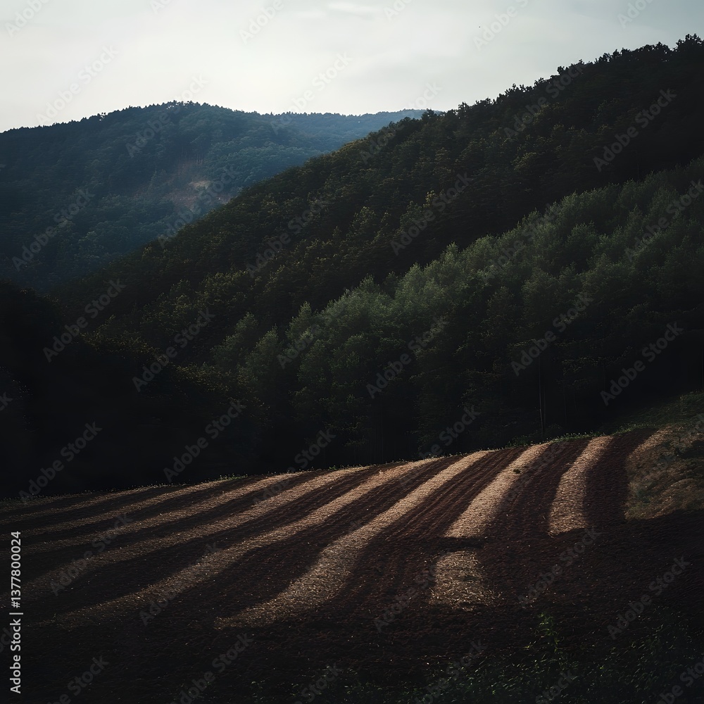 Poster scenic view of cultivated fields nestled on the slopes of a forested mountain with dramatic and cine
