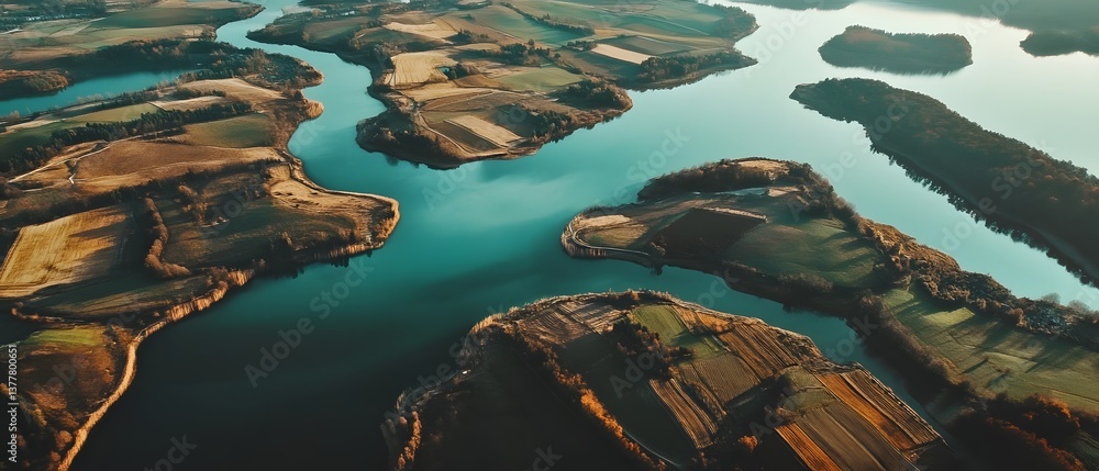 Poster an aerial perspective showcasing the geometric patterns and textures of farmland plots surrounding a