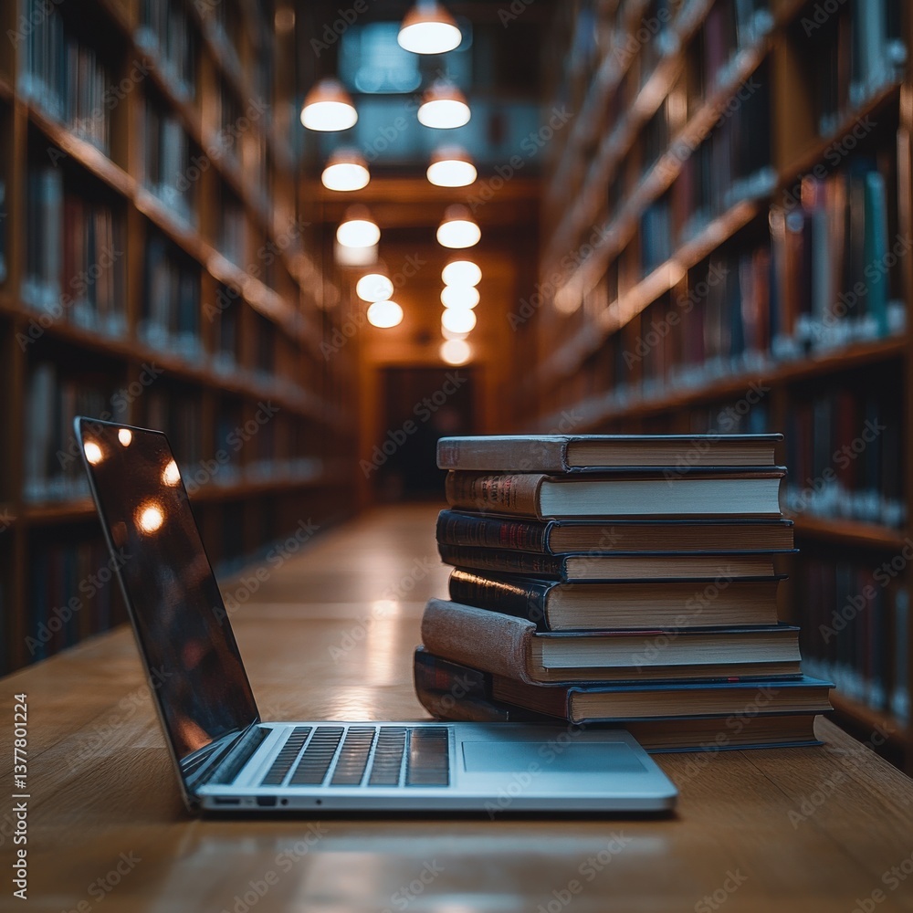Poster a laptop computer rests on a wooden desk in the midst of multiple stacks of books in a dimly lit but