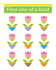 Fun education game for kids. Need to find one of a kind rose. Kids activity page.