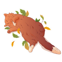 Vector illustration of sleeping fluffy ginger cat lying surrounded by colorful autumn leaves isolated on white. Soft fur and relaxed pose create a cozy and warm mood. Use for postcard design, posters.