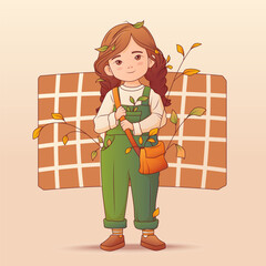 Vector illustration of a cute little girl with braided hair in green overalls holding an orange bag. Сozy and warm atmosphere. Perfect for design, children’s illustrations, card decoration.