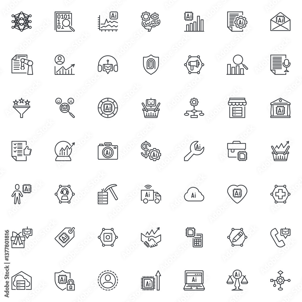 Poster machine learning in business line icons set