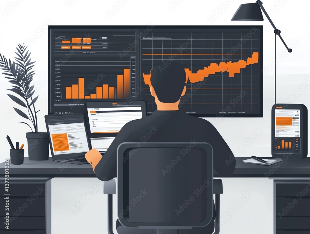 Poster focused trader: modern workplace with data-driven charts