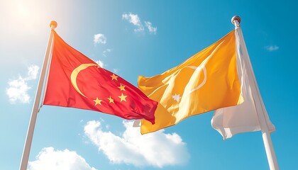 China Macau flags with sunny sky.