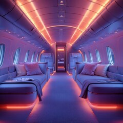 Fototapeta premium Luxurious interior of a private jet featuring comfortable leather seating ambient lighting and a spacious cabin design for a premium air travel experience
