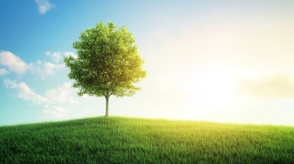 Obraz premium solitary tree stands on grassy hill under bright sky