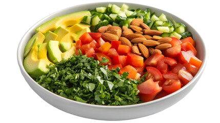 Close up of a bowl filled with salad ingredients and almonds on top