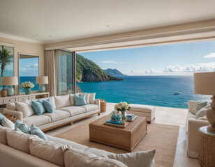 A stunning ocean view framed by open double doors, leading to a sunny balcony with two wooden chairs and a small round table