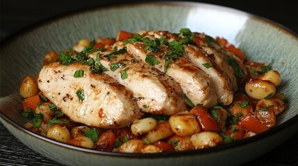 Grilled chicken slices sit on a bowl of veggies and grains. Delicious and satisfying!