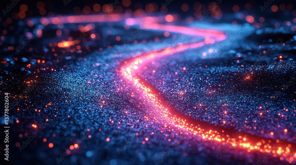 Poster glowing neon trail or path winding through a blurred nighttime city landscape with illuminated light