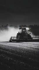 Naklejka premium An old vintage harvester driving through a rural monochrome field with a moody atmospheric and cinematic lighting effect