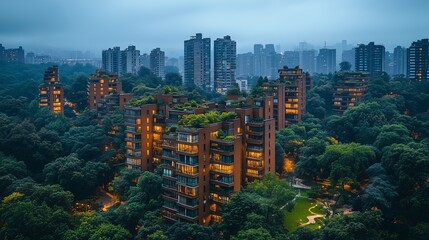 Obraz premium Modern Residential Buildings Amidst Lush Greenery at Twilight
