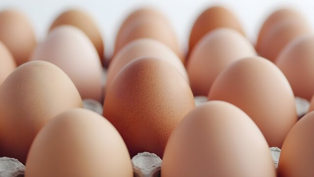 A close-up view of fresh brown eggs arranged closely in an egg carton. Concept Fresh Brown Eggs, Close-Up Photography, Rustic Kitchen Decor, Healthy Eating, Food Styling
