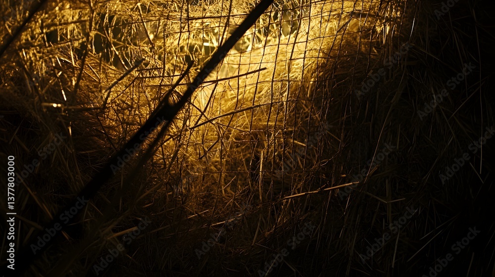 Poster close up view of a hay bale with blades of hay protruding through a geometric mesh netting creating 