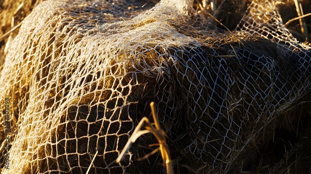 Poster a close up view of a hay bale with blades of hay protruding through a textured mesh netting under th