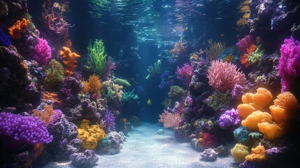 Colorful coral reef teeming with marine life beneath the shimmering ocean waves
