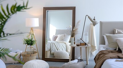 Modern bedroom scene with mirror, bed, sofa, lamp, plant, pillows, and decor items on table. Clean and inviting.