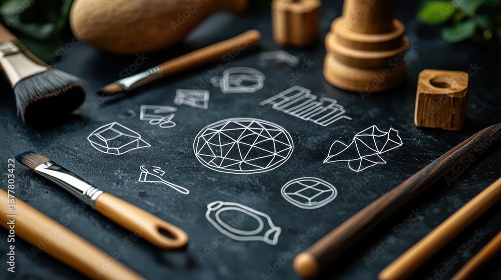 Poster A collection of stylized outline icons depicting various elements and tools associated with art and design including geometric shapes sketching instruments and creative symbols
