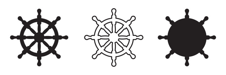 Ship steering wheel set. Boat steering wheels icon black silhouette, outline vector illustration