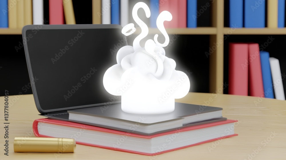 Poster a digital rendering depicting a laptop computer resting on a desk surrounded by books and shelves sy