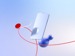 Metallic phone mockup floating abstractly with geometric shapes and red lines. Sleek design, the future in your hand. 3D illustration.