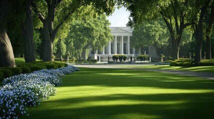 Obraz premium Stunning mansion showcases neoclassical design, surrounded by manicured gardens, creating an inviting atmosphere for gatherings