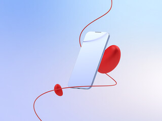Metallic phone mockup floating abstractly with geometric shapes and red lines. Sleek design, the future in your hand. 3D illustration.