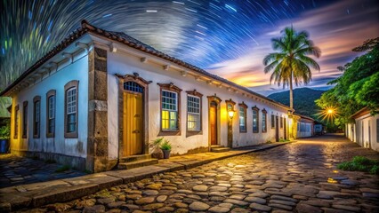 Long Exposure Photography: Old Colonial House, Paraty Village, Rio de Janeiro, Brazil, Night,  Stars, Lights, Historical Architecture
