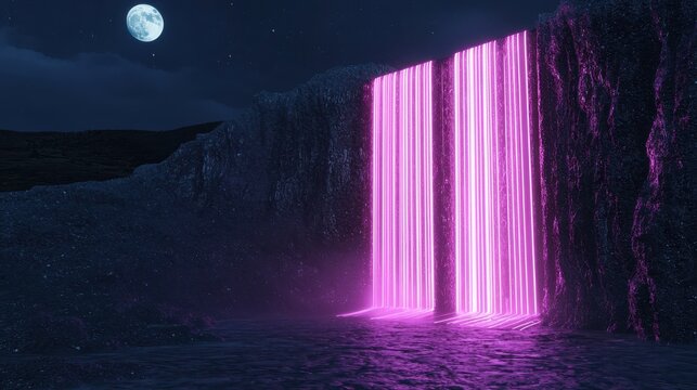 A cyber temple glowing beside a neon waterfall, moon and stars synchronized in a digital skyline