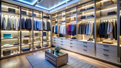 Fototapeta premium Stylish Closet Design: Automated Rails, Digital Screens, Soft White Lighting - Fashion Photography