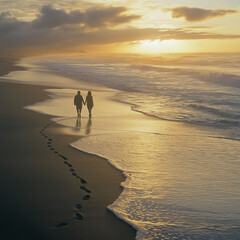 A couple strolling hand-in-hand along the beach at sunrise
