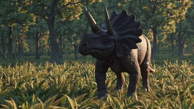 A Triceratops grazes peacefully in a lush prehistoric landscape. Herbivorous dinosaur with three prominent horns and a large frill. A realistic depiction of ancient life