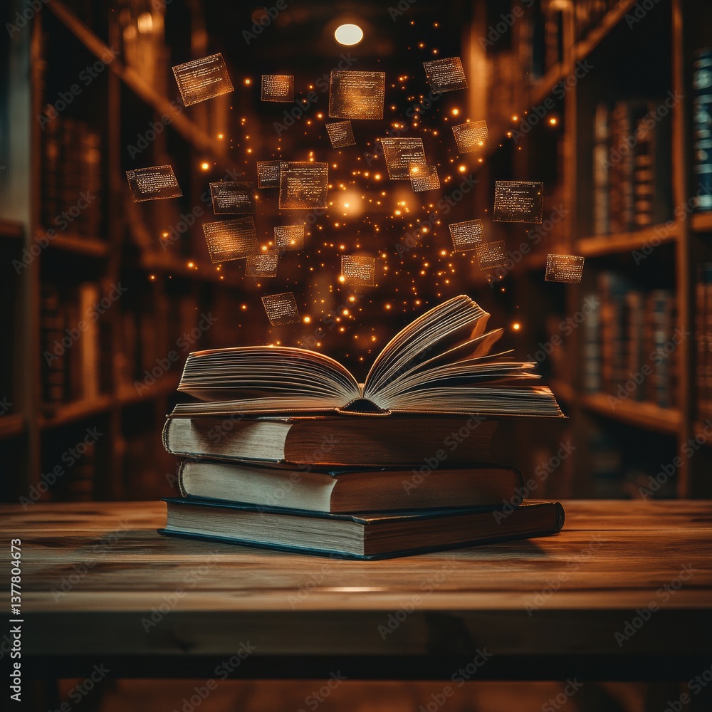 Poster an inviting library scene showcasing stacks of books glowing with a warm nostalgic ambiance inviting