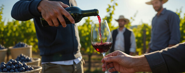 Men are tasting new wine in the vineyard. The hero pours red wine in the glass. Horizontal banner