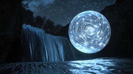 A moonlike crystal orb hovering above a luminous waterfall, surrounded by spiraling stars